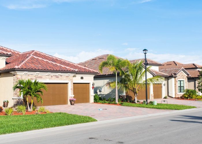 Row of suburban houses with garages and palm trees under a clear sky.